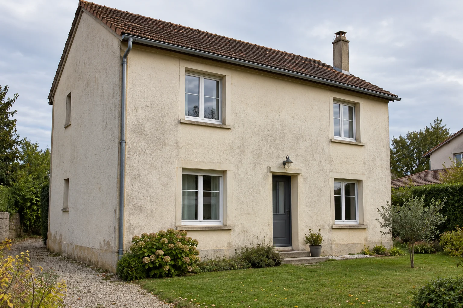 Illustration générée : maison avant rénovation de façade.
